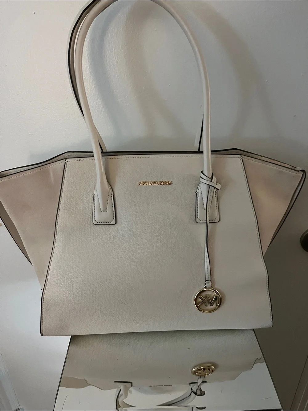 Michael Kors Cream and Tan Leather Winged Tote with Gold Charm